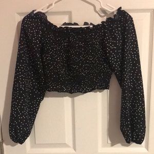 Black polka dot ,crop off the shoulder sleeved top
